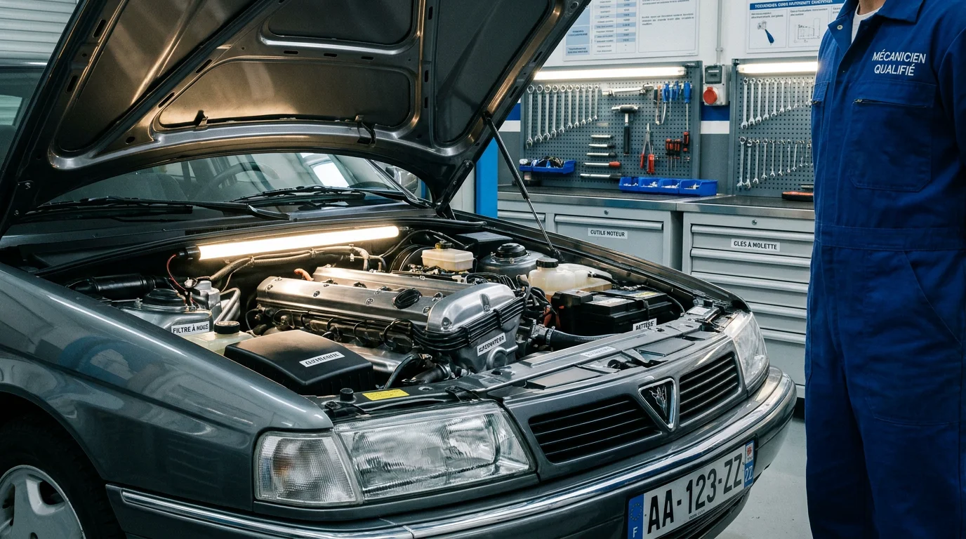 Compartiment moteur automobile ouvert dans un atelier mécanique français