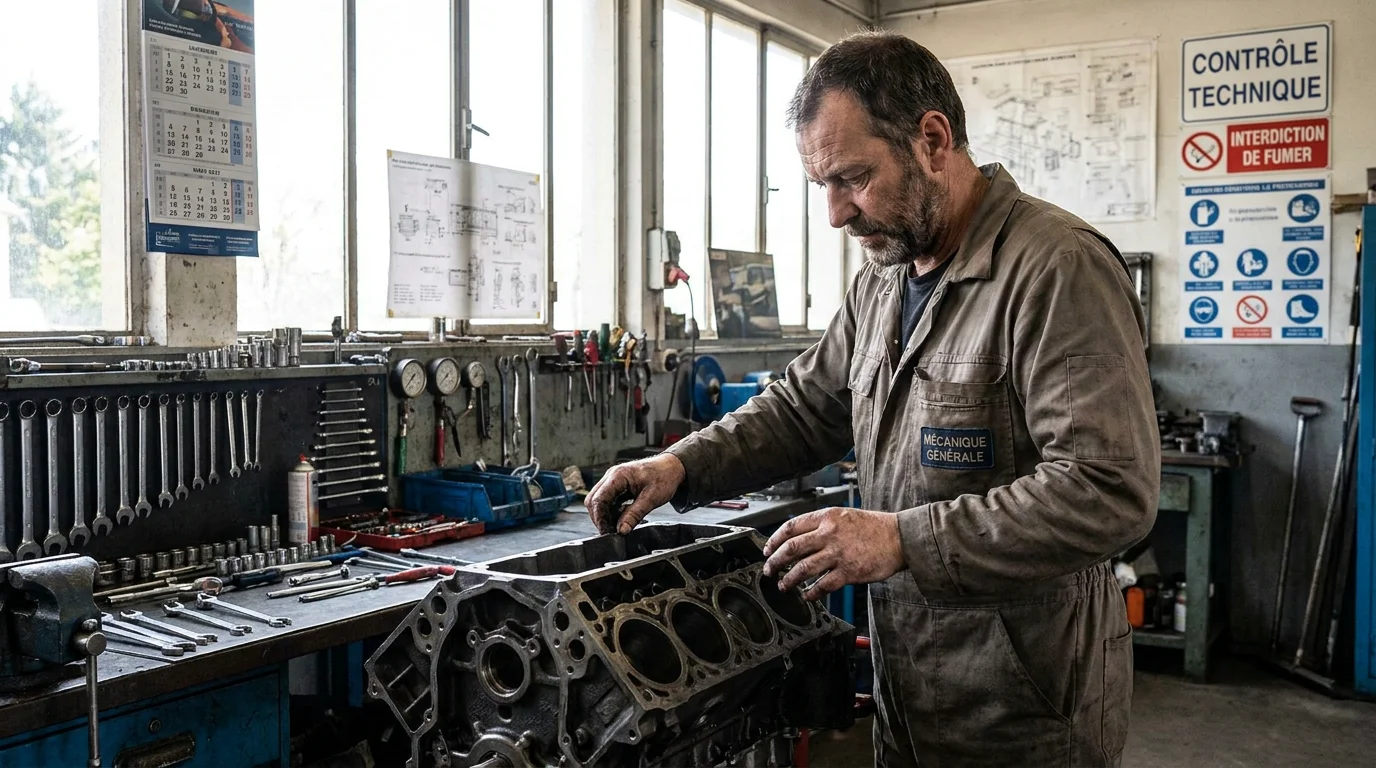 Mécanicien européen inspectant un bloc moteur Renault en atelier