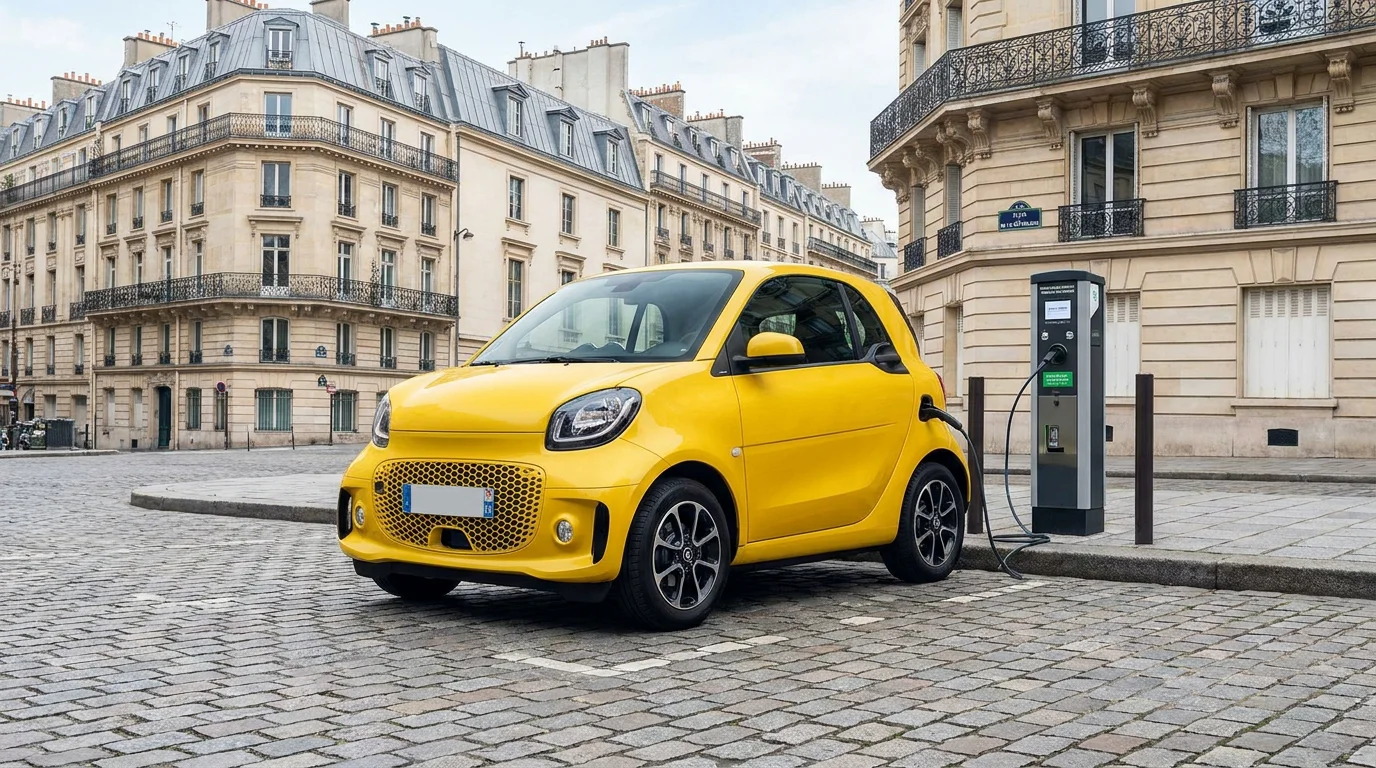 Citadine électrique en charge sur une borne dans une rue française