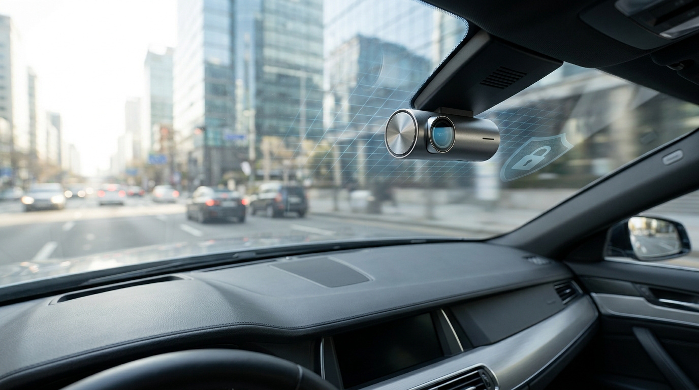 Dashcam fixée sur le pare-brise d'une voiture avec un effet numérique de protection et vue sur la route en ville.