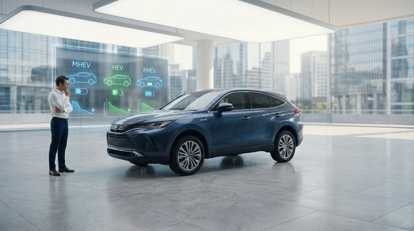 Un homme regarde un écran holographique affichant les types de voitures hybrides (MHEV, HEV, PHEV) devant un SUV bleu.
