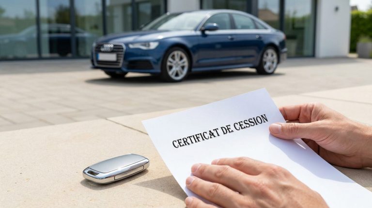 Mains tenant un certificat de cession avec une clé de voiture à proximité devant une berline bleue.