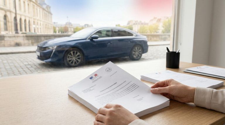 Mains tenant des documents administratifs français devant une voiture bleue stationnée dans une rue.