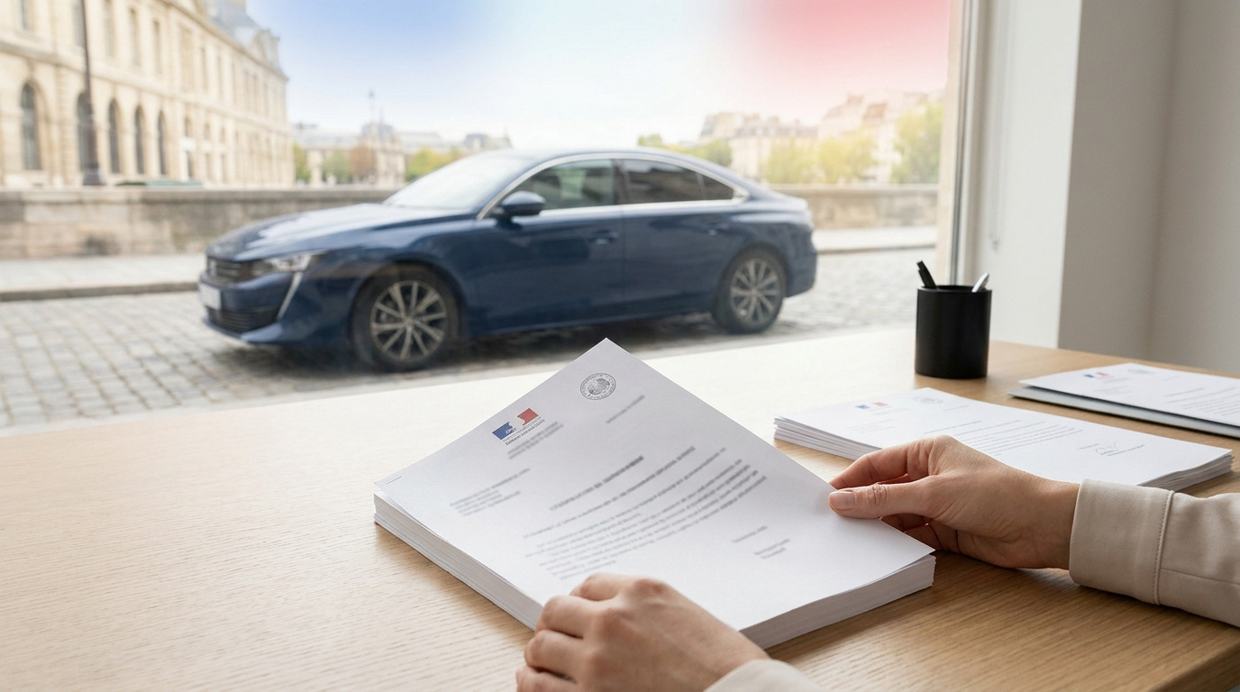 Mains tenant des documents administratifs français devant une voiture bleue stationnée dans une rue.