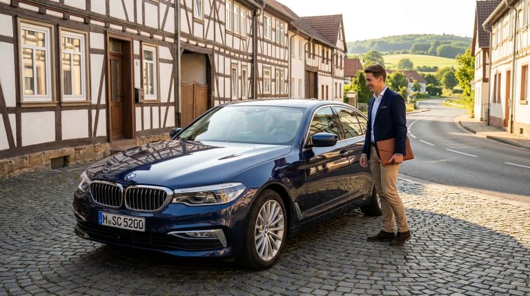 Un homme d'affaires souriant debout à côté d'une BMW bleue dans un village allemand traditionnel.