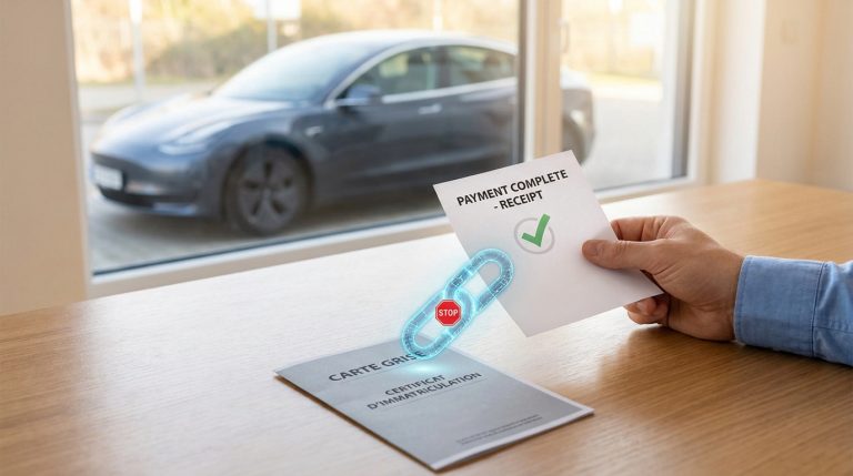 Main tenant un reçu de paiement complet au-dessus d'une carte grise avec une icône de chaîne brisée.