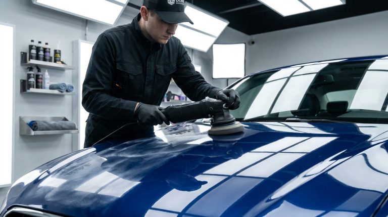 Un technicien en tenue professionnelle polissant le capot bleu brillant d'une voiture dans un atelier spécialisé.