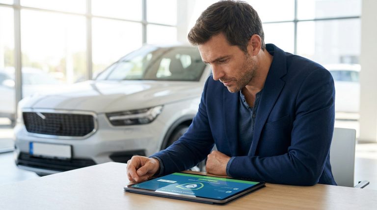 Un homme en costume consulte une tablette numérique devant une voiture dans un concessionnaire.