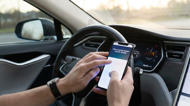 Personne utilisant un smartphone dans une voiture pour vérifier l'historique et le kilométrage du véhicule.