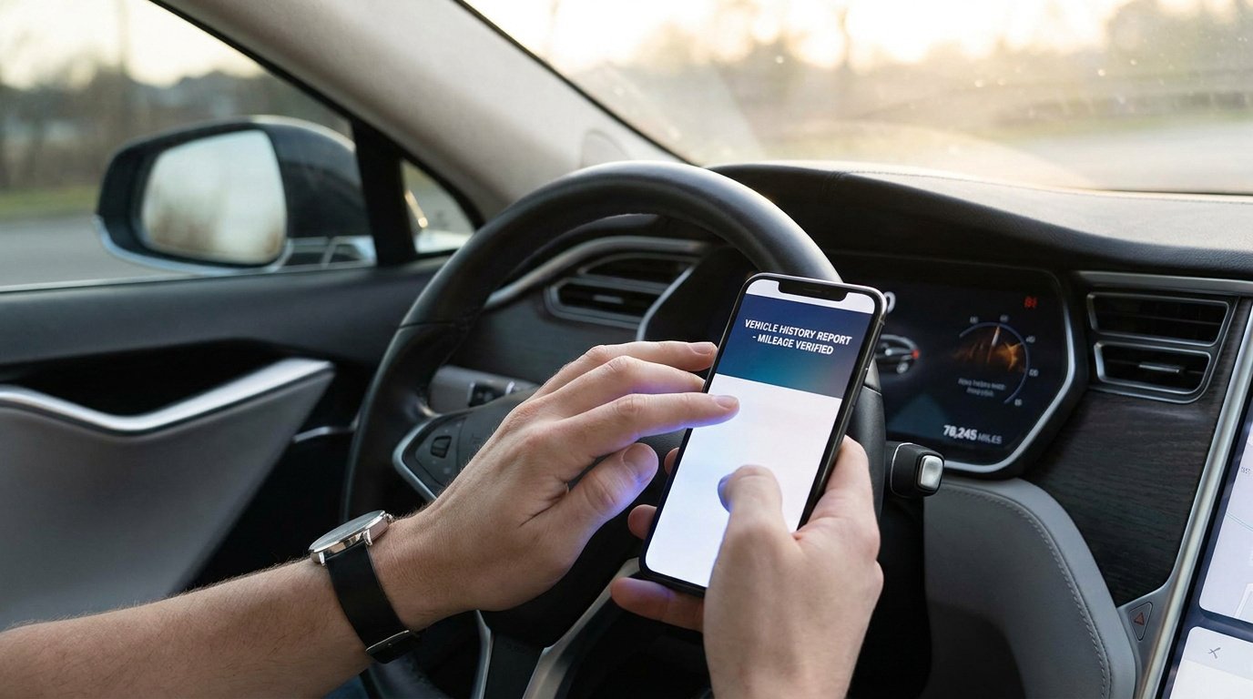 Personne utilisant un smartphone dans une voiture pour vérifier l'historique et le kilométrage du véhicule.