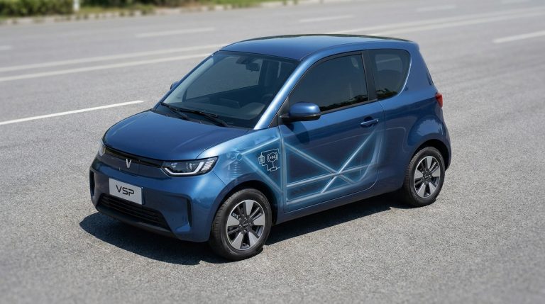 Vue latérale d'une petite voiture bleue montrant une structure métallique transparente à l'intérieur de la carrosserie.