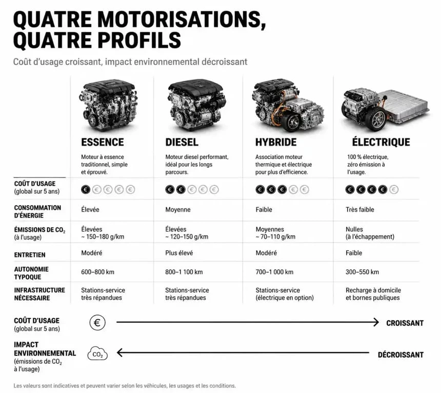 Comparatif des motorisations automobiles : essence, diesel, hybride et électrique pour choisir son véhicule