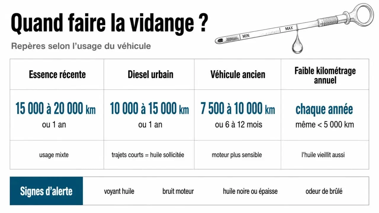 Vidange voiture quand la faire : tableau comparatif des fréquences de vidange selon essence, diesel et usage