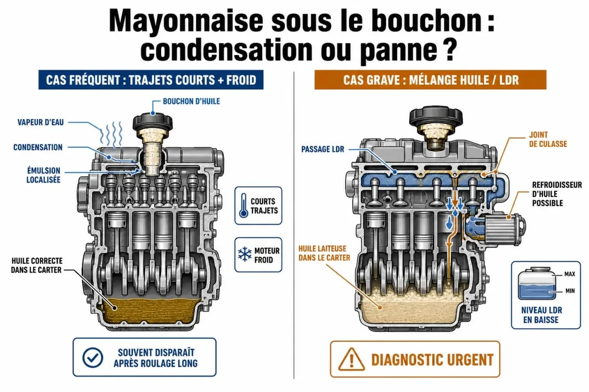 Mayonnaise dans l’huile moteur : schéma comparant condensation et fuite de liquide de refroidissement