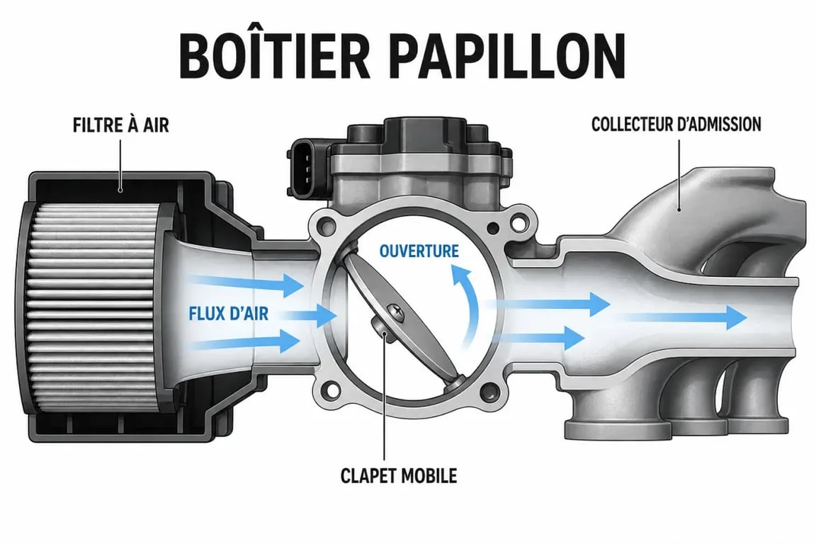 Schéma du boitier papillon automobile montrant le flux d’air et le clapet mobile