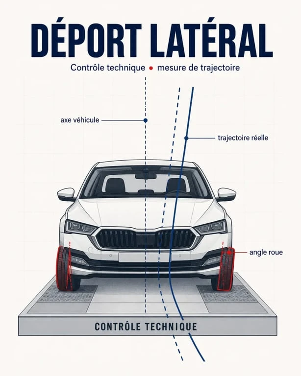 Ripage excessif sur véhicule léger avec trajectoire déviée et plaque de contrôle technique