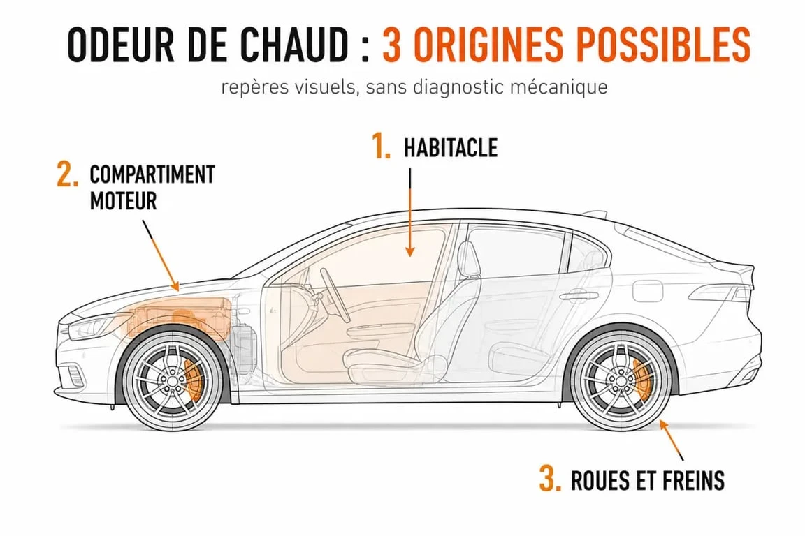 Voiture qui sent le chaud : schéma des zones possibles dans l’habitacle, le moteur et les freins