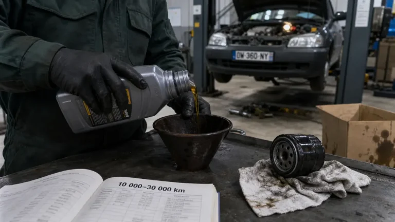 Vidange voiture quand la faire : mécanicien verse l’huile moteur