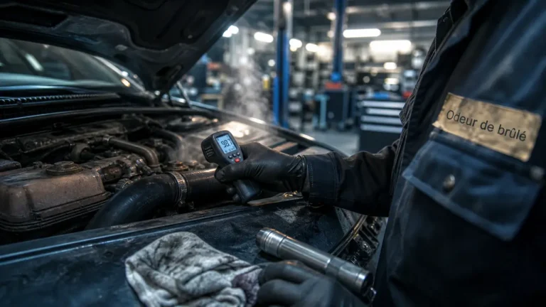 Voiture qui sent le chaud : technicien mesure la chaleur au thermomètre infrarouge