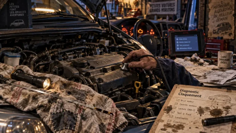 Bruit claquement moteur au ralenti : diagnostic huile, injection et bas moteur en atelier