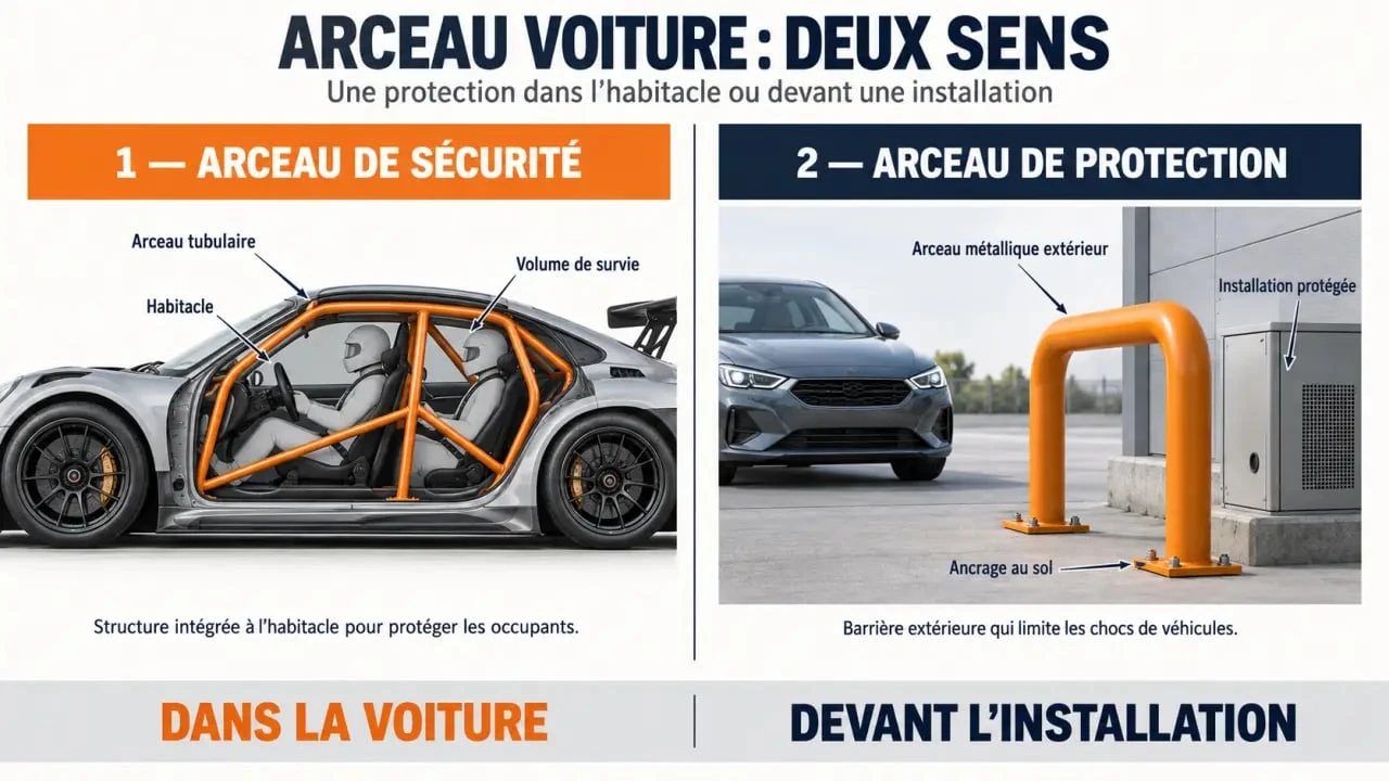 Infographie comparant les deux types d'arceau voiture, dans l'habitacle et pour la protection extérieure