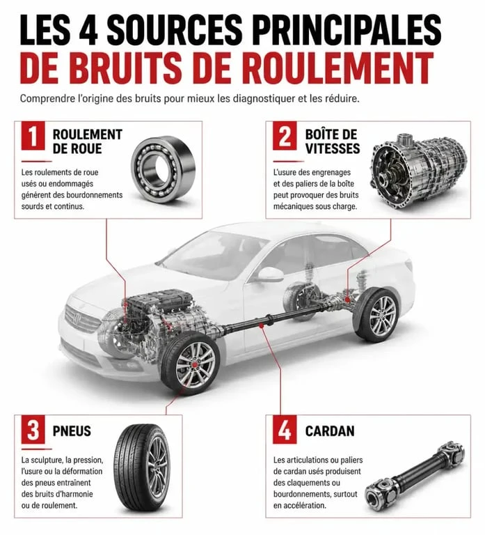 Schéma technique des causes de bruit de roulement voiture : roulement, boîte, pneus et cardan