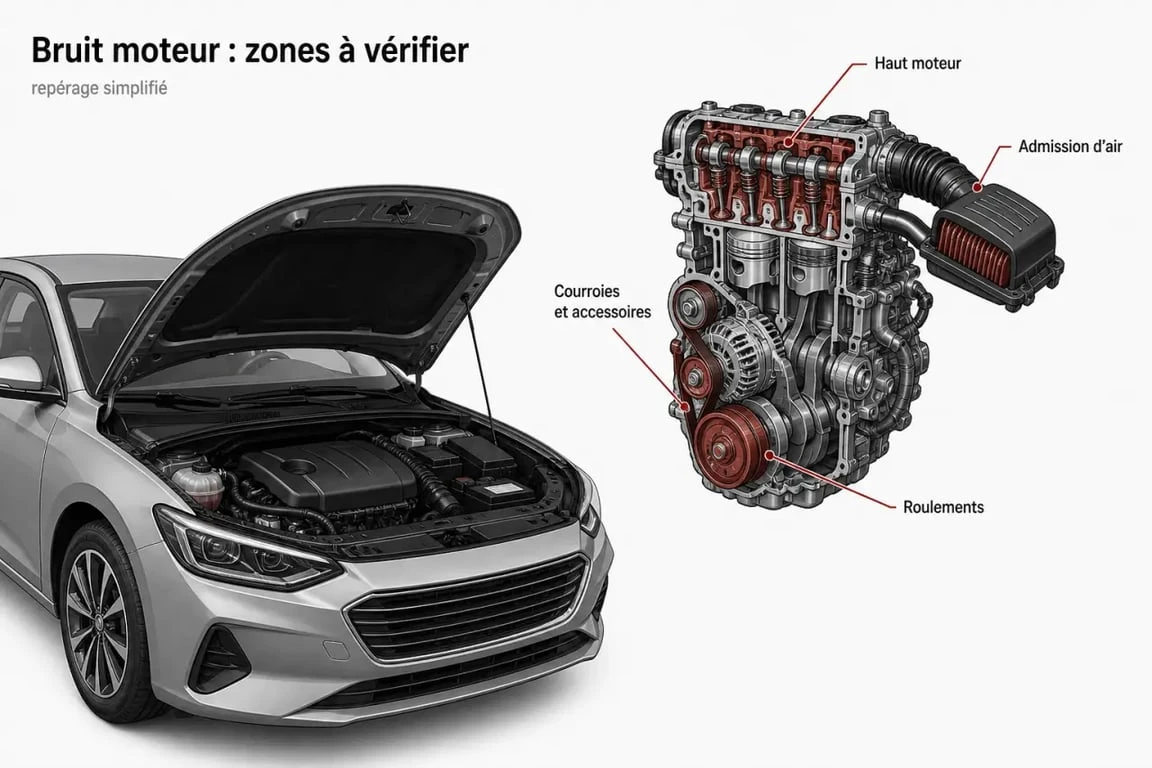 Voiture bruit moteur : schéma éditorial des zones du moteur à écouter