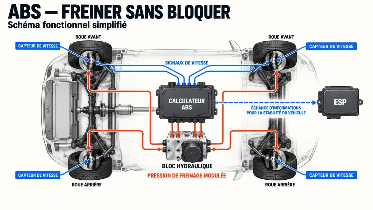 Schéma simplifié du message ABS à contrôler et du fonctionnement des capteurs de roue