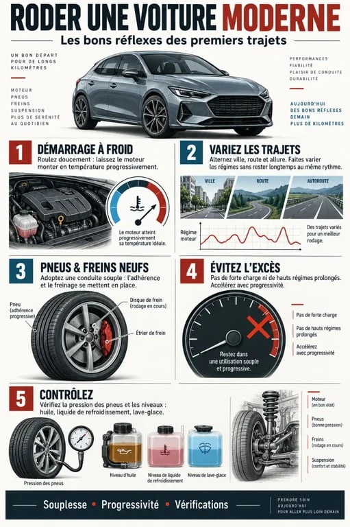 Infographie expliquant comment roder une voiture moderne et préserver le moteur, les pneus et les freins