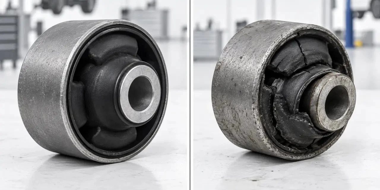 Comparaison entre un silentbloc sain et un silentbloc de liaison au châssis ou à l’essieu détérioré
