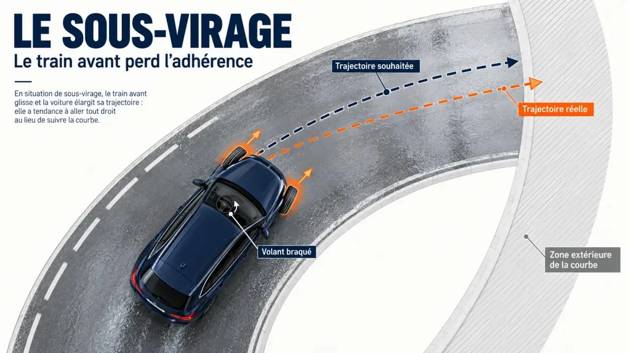 Schéma du sous virage montrant une voiture qui élargit sa trajectoire dans un virage