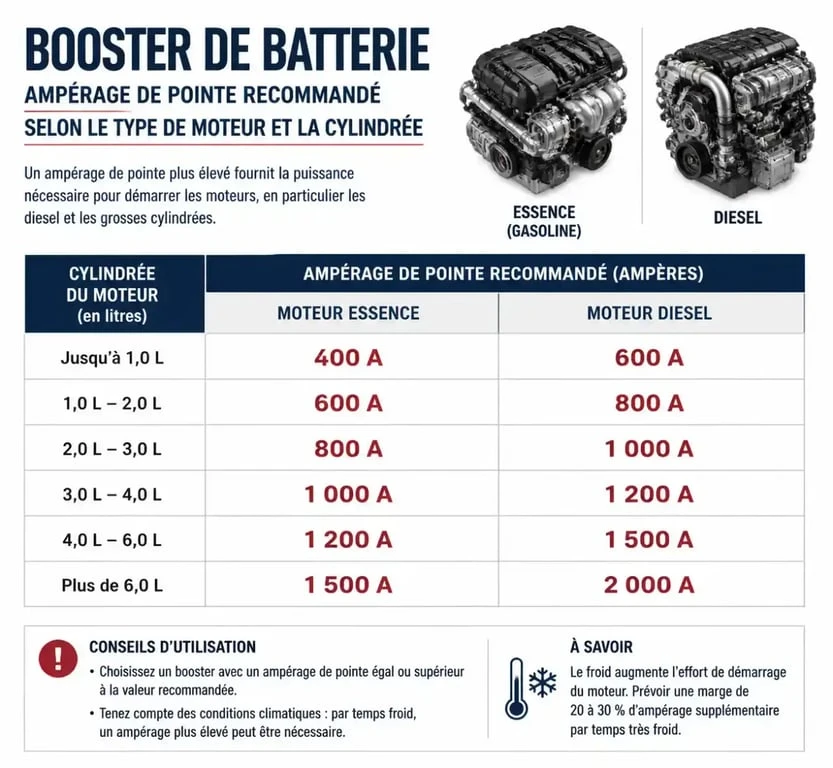 Tableau comparatif des besoins en ampères selon la motorisation pour choisir son meilleur booster batterie 2025