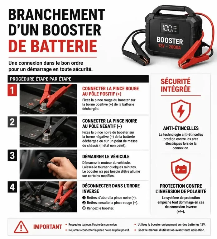Infographie étape par étape pour brancher un meilleur booster batterie 2025 en toute sécurité