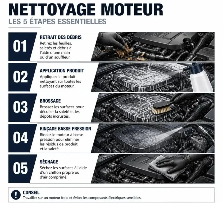 Étapes du nettoyage moteur voiture