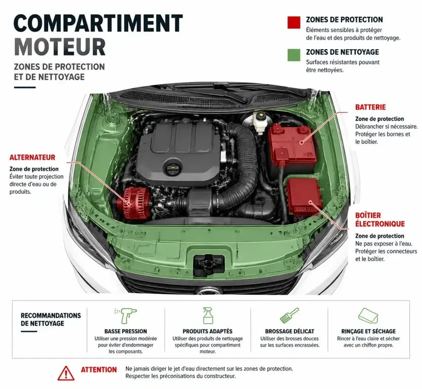 Schéma des zones à protéger lors du nettoyage moteur voiture