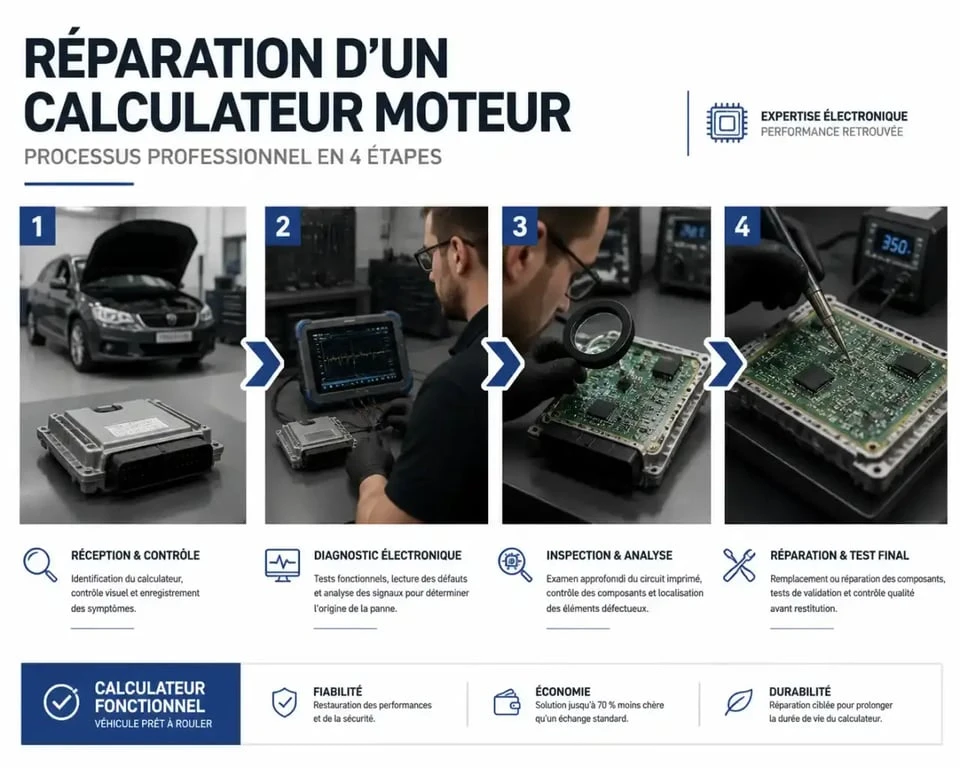 Processus de réparation d’un calculateur moteur avec diagnostic et inspection du boîtier ECU