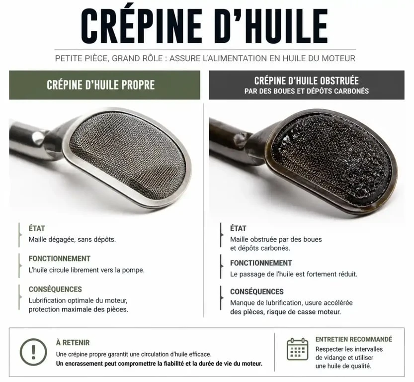 Comparaison visuelle entre une crépine d'huile propre et une crépine d'huile encrassée