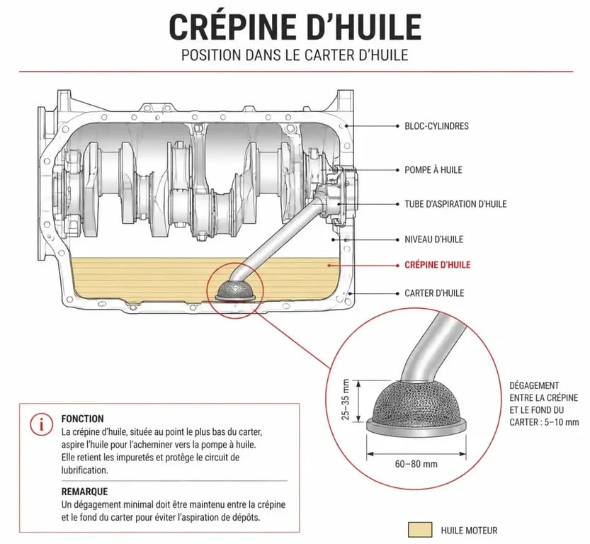 Schéma technique montrant l'emplacement de la crépine d'huile dans le carter moteur