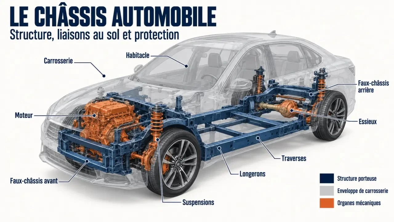 Chassie voiture : schéma simplifié du châssis de voiture avec longerons, traverses, faux-châssis et carrosserie