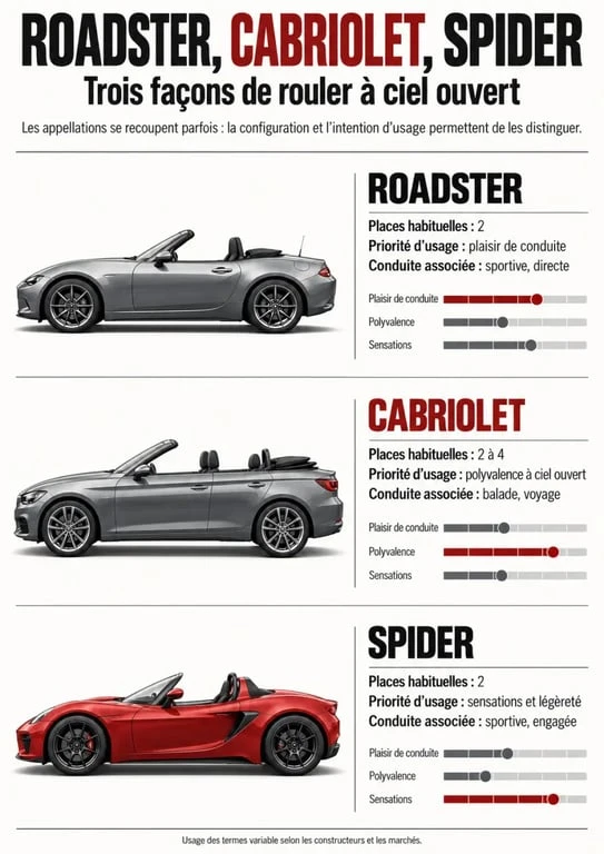 Infographie comparative sur les voitures roadster, cabriolet et spider