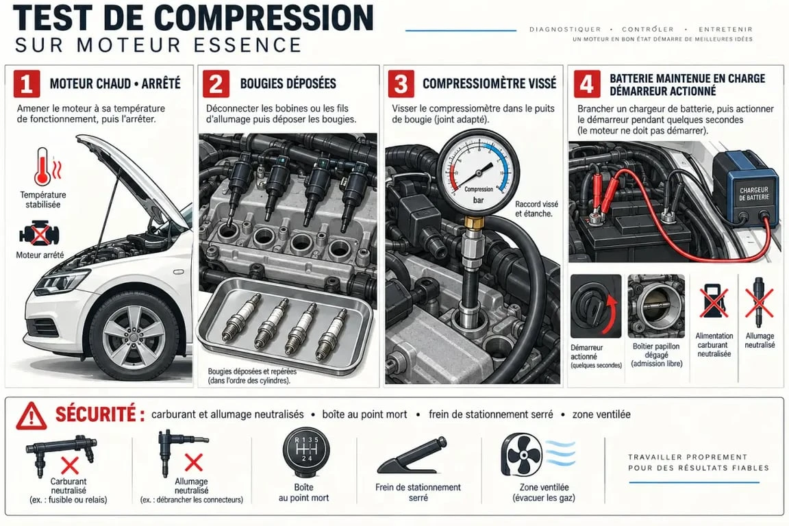 Schéma des étapes d’un test de compression moteur avec compressiomètre