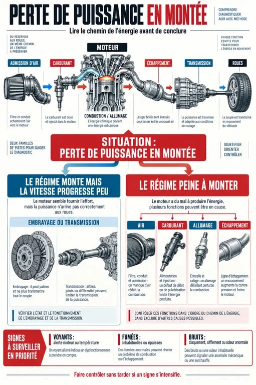 Schéma des causes d’une voiture en perte de puissance en montée selon le régime moteur et la transmission