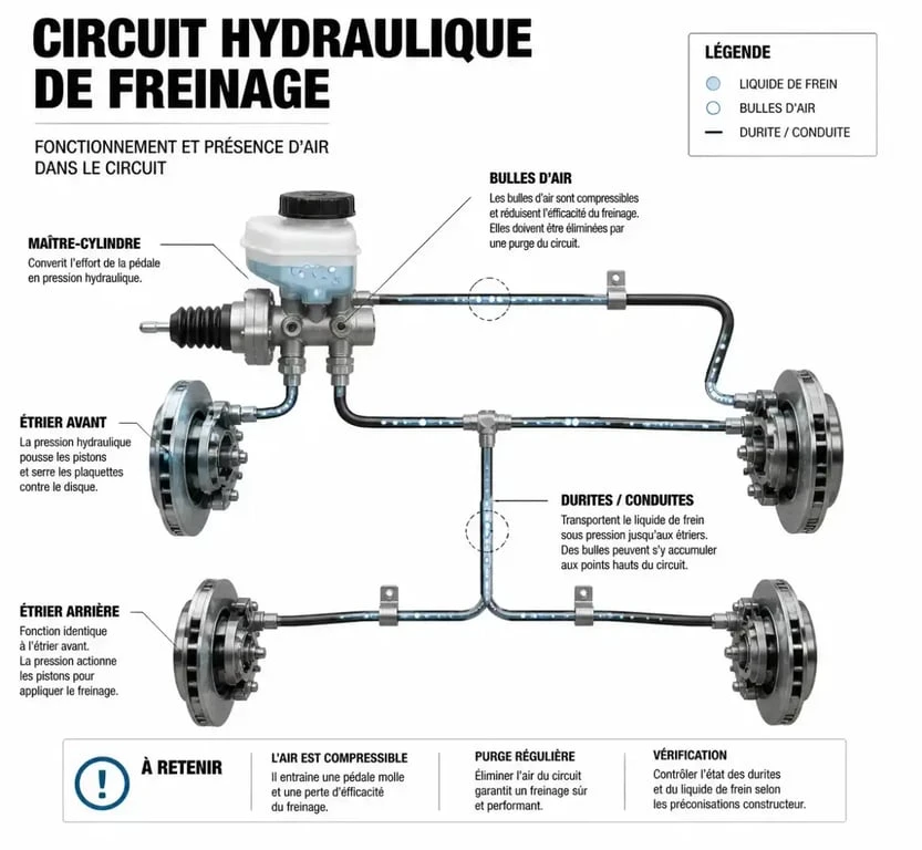 Schéma du circuit hydraulique expliquant la cause d'une pédale de frein molle