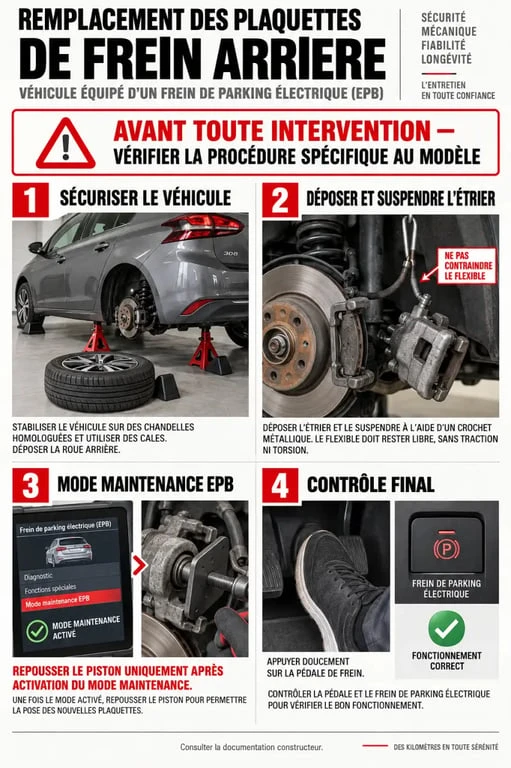 Changer plaquette arrière frein électrique sans valise : étapes sécurisées avec étrier suspendu et mise en mode maintenance
