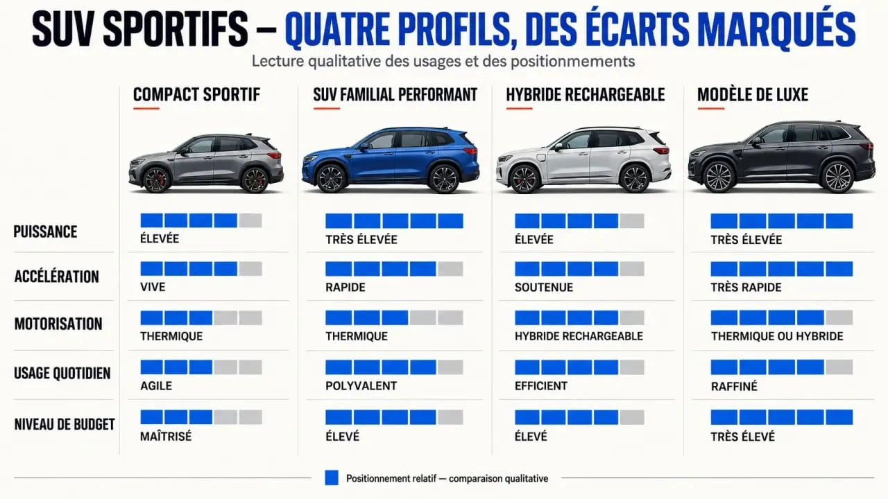 Infographie comparative des SUV sportifs selon la puissance, la motorisation et l’usage