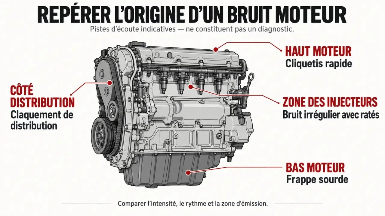 Bruit de claquement moteur au ralenti : schéma des zones d’écoute et des causes possibles