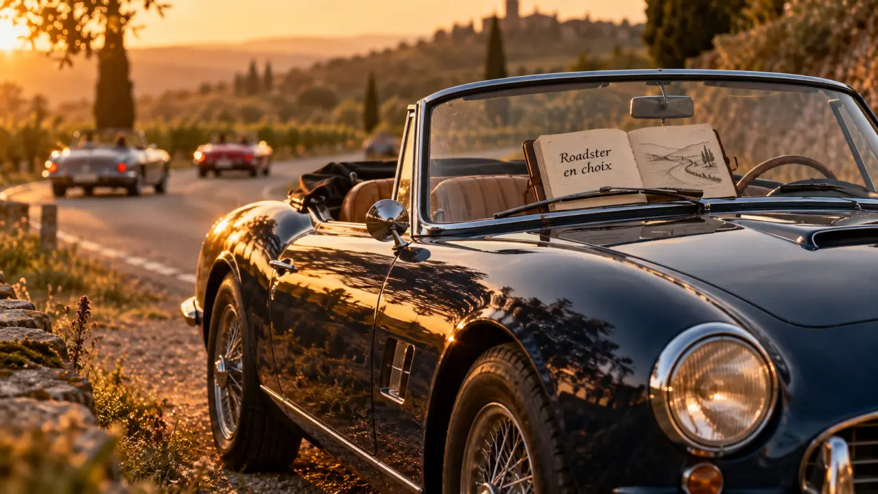 Roadster voiture bleu nuit, capote ouverte, route sinueuse