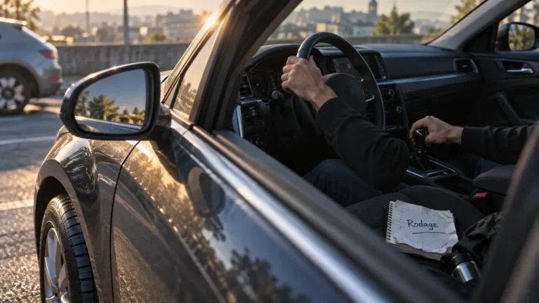 Roder une voiture : conducteur en rodage, carnet sur siège, frein et pneus neufs visibles