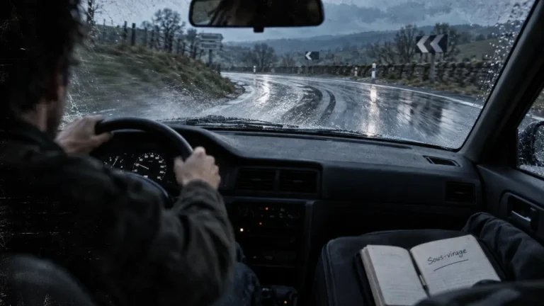Sous virage : pneus avant patinent sur route mouillée en virage