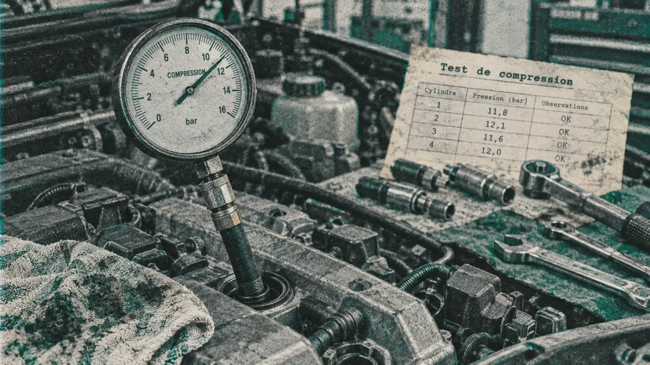 Test compression moteur avec compressiomètre vissé sur bougie